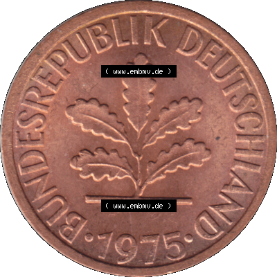 1 Pfennig Umlaufmünze in PNG 1950-2001, 1 Pfennig 1975, 1970er Jahre Stuttgart F, 1 / Ein - Pfennig BRD F, mit Mzz. F für Münzstätte... Sammlung