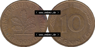 PNG 1950-2001, 10 Pfennig der Bundesrepublik Deutschland 1993 Münzstätte Hamburg Mzz. J Sammlung