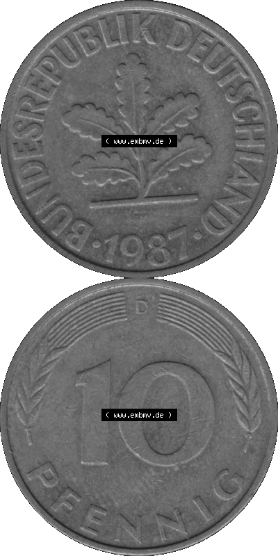 BRD Münzen 10 Pf. Umlaufmünze in PNG 1950-2001, 10 Pfennig 1987 D-01 Graustufen. Graustufen-Bild erstellt aus Farbigen Bild... Sammlung