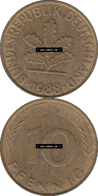 BRD Münzen 10 Pf. Umlaufmünze in PNG 1950-2001, 10 Pfennig 1988 D-13. Vorderseite und Rückseite auf einen Bild / Foto vertikal... Sammlung