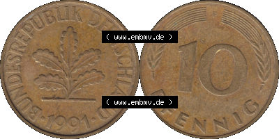 BRD Münzen 10 Pf. Umlaufmünze in PNG 1950-2001, 10 Pfennig 1991 F-05. Vorderseite und Rückseite mit Wert-Zahl auf einen Bild... Sammlung