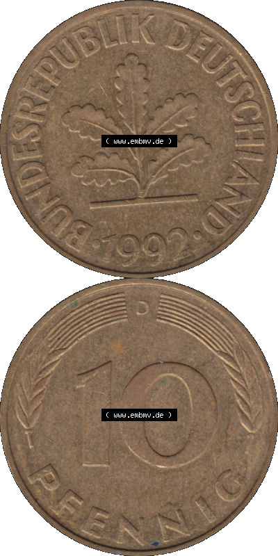 BRD Münzen 10 Pf. Umlaufmünze in PNG 1950-2001, 10 Pfennig 1992 D-01. Vorderseite und Rückseite auf einen Bild / Foto vertikal... Sammlung