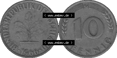 BRD Münzen 10 Pf. Umlaufmünze in PNG 1950-2001, 10 Pfennig 1966 G-01 Graustufen. Graustufen-Bild vom Scanner aus farbigen Bild... Sammlung