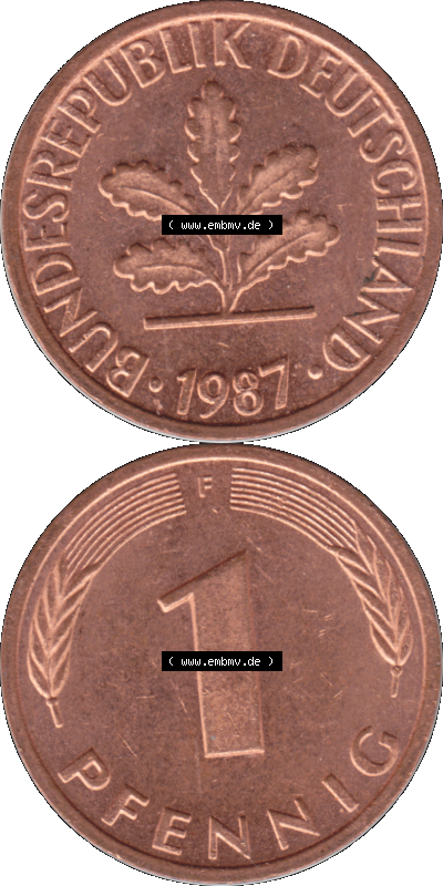 1 Pfennig Umlaufmünze in PNG 1950-2001, 1 Pfennig 1987, 1980er Jahre Stuttgart F Sammlung