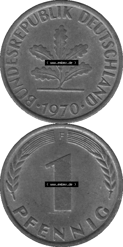 1 Pfennig Umlaufmünze in Graustufen PNG 1950-2001, 1 Pfennig 1970, 1970er Jahre Mzz. F Sammlung
