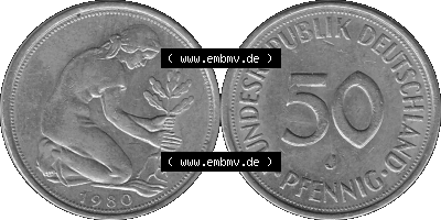BRD Münzen Deutschland J 50 Pf. Umlaufmünze in Graustufen PNG 1950-2001, 50 Pfennig 1980 Münzzeichen "J" für Hamburg "J" Sammlung