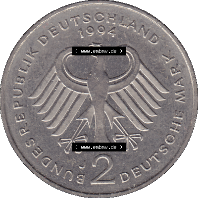 2 DM, Deutsche Mark Deutschland Willy Brandt - Herbert Frahm 1994 Münzzeichen Hamburg Mzz. J Sammlung