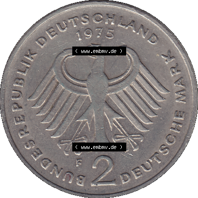 PNG 1969-1987, 2 DM, Deutsche Mark Konrad Adenauer 1975 Münzzeichen Mzz Stuttgart F Sammlung