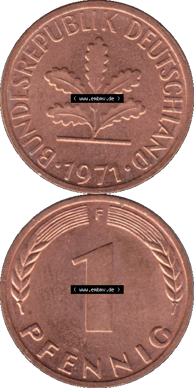 1 Pfennig Umlaufmünze in PNG 1950-2001, 1 Pfennig 1971, 1970er Jahre Stuttgart F, 1 / Ein Pfennig Münze Stuttgart Mzz. F Sammlung