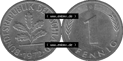 1 Pfennig Umlaufmünze in Graustufen PNG 1950-2001, 1 Pfennig 1972 München D Sammlung