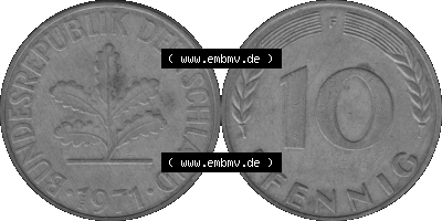 BRD Münzen 10 Pf. Umlaufmünze in PNG 1950-2001, 10 Pfennig 1971 F-05 Graustufen. Graustufen-Bild aus Farbigen Bilder mit Vorderseite... Sammlung