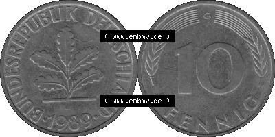BRD Münzen 10 Pf. Umlaufmünze in PNG 1950-2001, 10 Pfennig 1989 G-10 Graustufen. Graustufen-Bild vom Scanner aus farbigen Bild... Sammlung