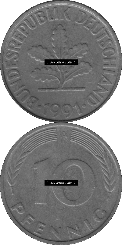 BRD Münzen 10 Pf. Umlaufmünze in PNG 1990-2001, 10 Pfennig 1991 A-01 Graustufen. Graustufen-Bilder mit Vorderseite und Rückseite... Sammlung