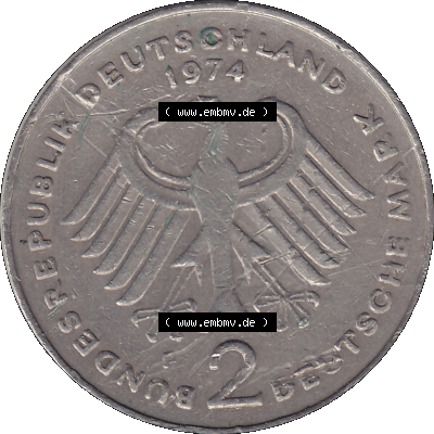 PNG 1969-1987, 2 DM, Deutsche Mark Konrad Adenauer 1974 Münzzeichen Mzz Stuttgart F Sammlung