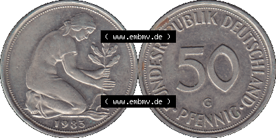 PNG 1950-2001, 50 Pfennig BRD Deutschland 1983 Münzstätte Karlsruhe Mzz. G Sammlung
