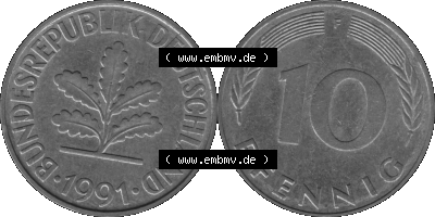 BRD Münzen 10 Pf. Umlaufmünze in PNG 1950-2001, 10 Pfennig 1991 F-01 Graustufen. Graustufen-Bild aus Farbigen Bilder mit Vorderseite... Sammlung