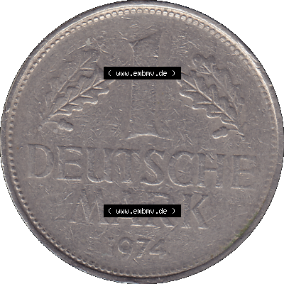 BRD Münzen 1 DM, Umlaufmünze 1950-2001, 1 / Eine DM - Eine Deutsche Mark, 1974 F-1. Münzen-Rückseite als transparente PNG-Grafik... Sammlung