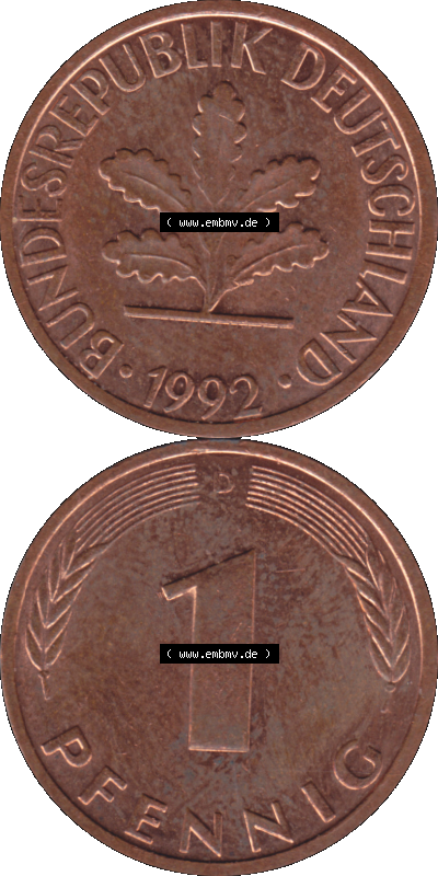 PNG 1950-2001, 1 Pfennig der BRD Deutschland 1992, 1990er Jahre Münzzeichen München D Sammlung