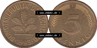 BRD Münzen 5 Pf., Umlaufmünze 1950-2001, 5 Pfennig, 1993 J-01. PNG Computer-Grafik einer digitalisierten 5 Pfennig Münze aus... Sammlung