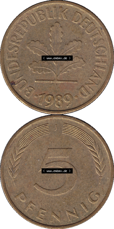 BRD Münzen 5 Pf., Umlaufmünze 1950-2001, 5 Pfennig, 1989 J-01. PNG Computer-Grafik einer digitalisierten 5 Pfennig Münze aus... Sammlung