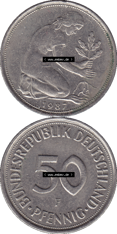 BRD Münzen 50 Pf. Umlaufmünze in PNG 1950-2001, 50 Pfennig 1987 F-01. Vorderseite und Rückseite auf einen Bild / Foto vertikal... Sammlung