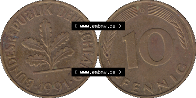 BRD Münzen 10 Pf. Umlaufmünze in PNG 1950-2001, 10 Pfennig 1991 D-02. Vorderseite und Rückseite mit Wert-Zahl auf einen Bild... Sammlung