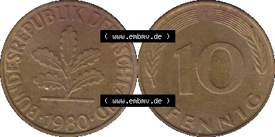 BRD Münzen 10 Pf. Umlaufmünze in PNG 1950-2001, 10 Pfennig 1980 F-01. Vorderseite und Rückseite mit Wert-Zahl auf einen Bild... Sammlung