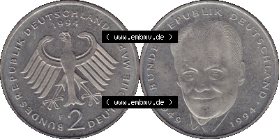 2 DM, Deutsche Mark Deutschland Willy Brandt - Herbert Frahm 1994 Münzzeichen Stuttgart Mzz. F Sammlung