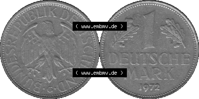 BRD Deutschland Münzen 1 / Eine DM / Eine Deutsche Mark in Graustufen PNG 1950-2001, 1 DM Deutsche Mark, 1972 Münzzeichen Karlsruhe... Sammlung