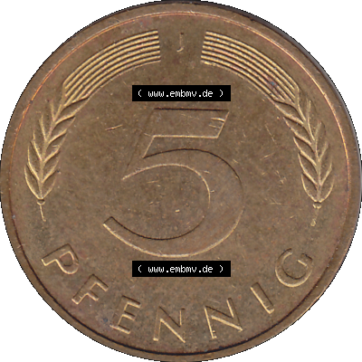 BRD Münzen 5 Pf., Umlaufmünze 1950-2001, 5 Pfennig, 1993 J-01. PNG Computer-Grafik einer digitalisierten 5 Pfennig Münze, Rückseite... Sammlung