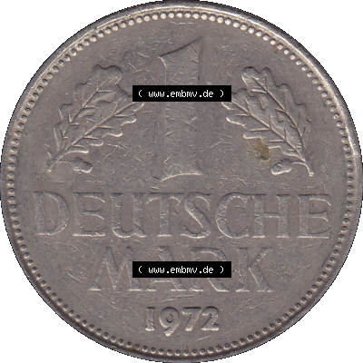 BRD Münzen 1 DM, Umlaufmünze 1950-2001, 1 / Eine DM - Eine Deutsche Mark, 1972 G-1. Münzen-Rückseite als transparente PNG-Grafik... Sammlung