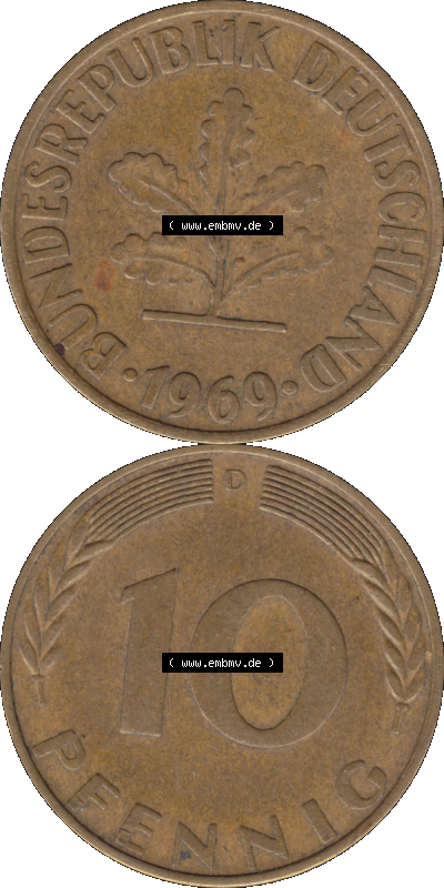 BRD Münzen 10 Pf. Umlaufmünze in PNG 1950-2001, 10 Pfennig 1969 D-01. Vorderseite und Rückseite auf einen Bild / Foto vertikal... Sammlung
