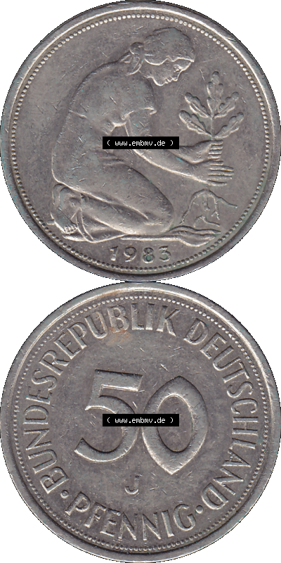 PNG 1950-2001, 50 Pfennig BRD Deutschland 1983 Münzstätte Hamburg Mzz. J Sammlung