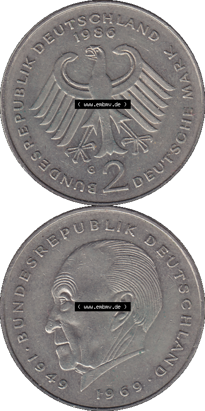 BRD Münzen 2 DM, Gedenkmünze 1969-1987, 2 DM, Deutsche Mark Konrad Adenauer 1986 G-1. Vorderseite und Rückseite mit Deutschen... Sammlung