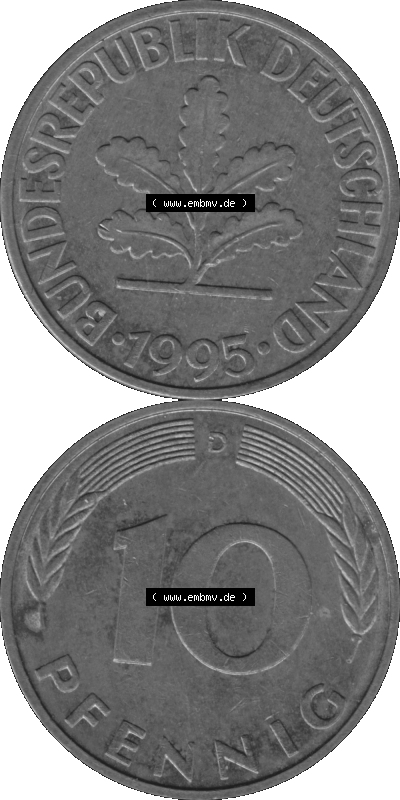 BRD Münzen 10 Pf. Umlaufmünze in PNG 1950-2001, 10 Pfennig 1995 D-12 Graustufen. Graustufen-Bild erstellt aus Farbigen Bild... Sammlung