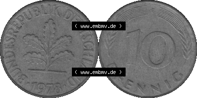 BRD Münzen 10 Pf. Umlaufmünze in PNG 1950-2001, 10 Pfennig 1978 F-01 Graustufen. Graustufen-Bild aus Farbigen Bilder mit Vorderseite... Sammlung