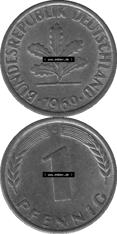 1 Pfennig BRD-Deutschland Umlaufmünze in Graustufen PNG 1950-2001, 1 Pfennig 1969, 1960er Jahre Münzstätte Karlsruhe G-01 Sammlung