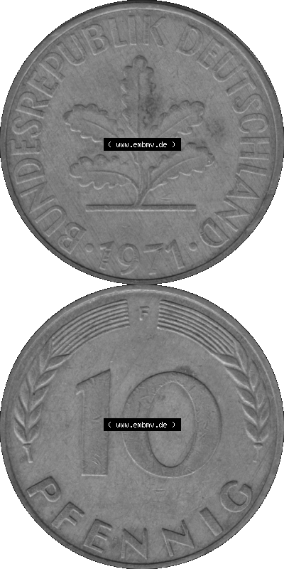 BRD Münzen 10 Pf. Umlaufmünze in PNG 1950-2001, 10 Pfennig 1971 F-05 Graustufen. Graues-Bild aus farbigen Bild erstellt mit... Sammlung