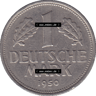 BRD Münzen 1 DM, Umlaufmünze 1950-2001, 1 / Eine DM - Eine Deutsche Mark, 1950 G-1. Münzen-Rückseite als transparente PNG-Grafik... Sammlung