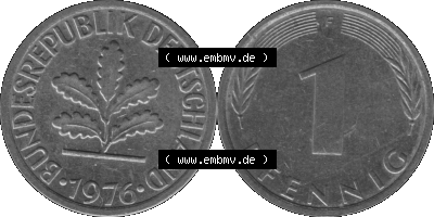 1 Pfennig Umlaufmünze in Graustufen PNG 1950-2001, 1 Pfennig 1976, 1970er Jahre Mzz. F Sammlung
