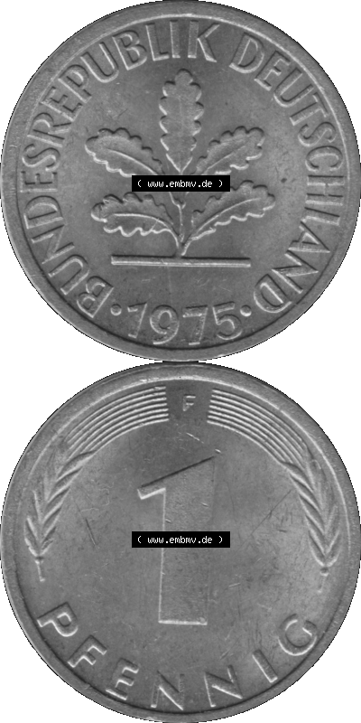 1 Pfennig Umlaufmünze in Graustufen PNG 1950-2001, 1 Pfennig 1975, 1970er Jahre Mzz. F Sammlung