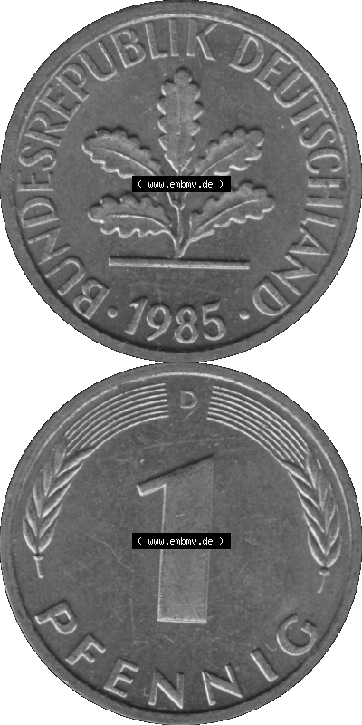 1 Pfennig Umlaufmünze in Graustufen PNG 1950-2001, 1 Pfennig 1985 München D Sammlung