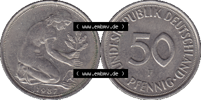 BRD Münzen 50 Pf. Umlaufmünze in PNG 1950-2001, 50 Pfennig 1987 F-01. Vorderseite und Rückseite mit Wert-Zahl auf einen Bild... Sammlung