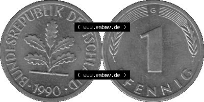 1 Pfennig BRD-Deutschland Umlaufmünze in Graustufen PNG 1950-2001, 1 Pfennig 1990, 1990er Jahre Münzstätte Karlsruhe G-01 Sammlung