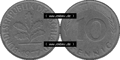 BRD Münzen 10 Pf. Umlaufmünze in PNG 1950-2001, 10 Pfennig 1977 D-01 Graustufen. Graustufen-Bilder der Vorderseite und Rückseite... Sammlung