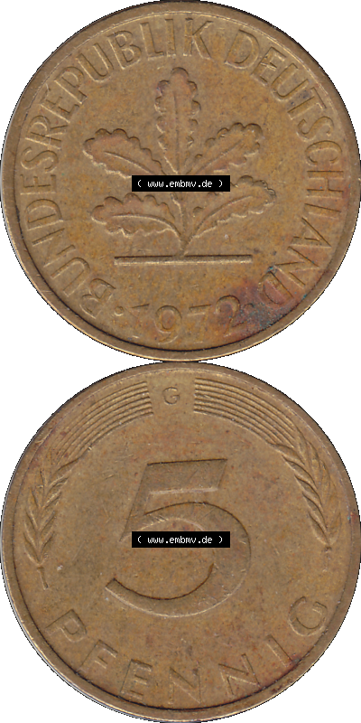 BRD Münzen 5 Pf., Umlaufmünze 1950-2001, 5 Pfennig, 1972 G-01. 5 Pfennig Münze Bundesrepublik Deutschland der BRD Jahre. Vorderseite... Sammlung