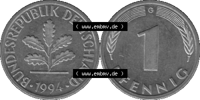 1 Pfennig BRD-Deutschland Umlaufmünze in Graustufen PNG 1950-2001, 1 Pfennig 1994, 1990er Jahre Münzstätte Karlsruhe G-01 Sammlung