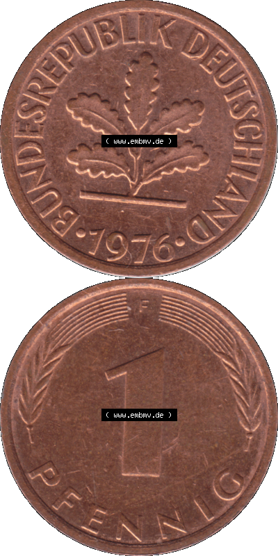1 Pfennig Umlaufmünze in PNG 1950-2001, 1 Pfennig 1976, 1970er Jahre Stuttgart F, 1 / Ein Pfennig Münze Stuttgart Mzz. F Sammlung