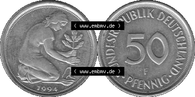 BRD Münzen Deutschland F 50 Pf. Umlaufmünze in Graustufen PNG 1950-2001, 50 Pfennig 1994 Münzzeichen "F" für Stuttgart - "F" Sammlung