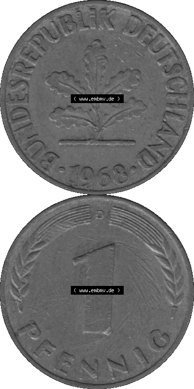 1 Pfennig Umlaufmünze in Graustufen PNG 1950-2001, 1 Pfennig 1968 München D Sammlung